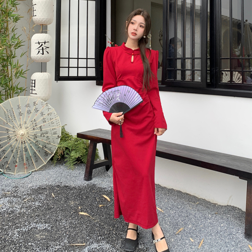 新中式大码女装连衣裙超修身长款纯色套头大码长裙