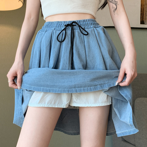 Real shot of denim pure cotton shorts skirt for women thin large size fat sister drawstring loose wide leg pants skirt fake two-piece summer