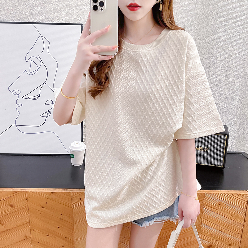 實拍100%滌綸2024夏季設計感百搭純色寬鬆圓領短袖T恤女