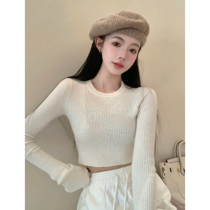 ins foreign style casual versatile round neck short knitted 2024 spring new bottoming outer wear dual-use T-shirt top