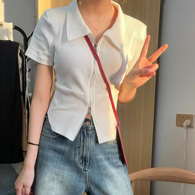正肩短袖t恤女新款夏季修身顯瘦純色別致漂亮短款上衣設計感小眾