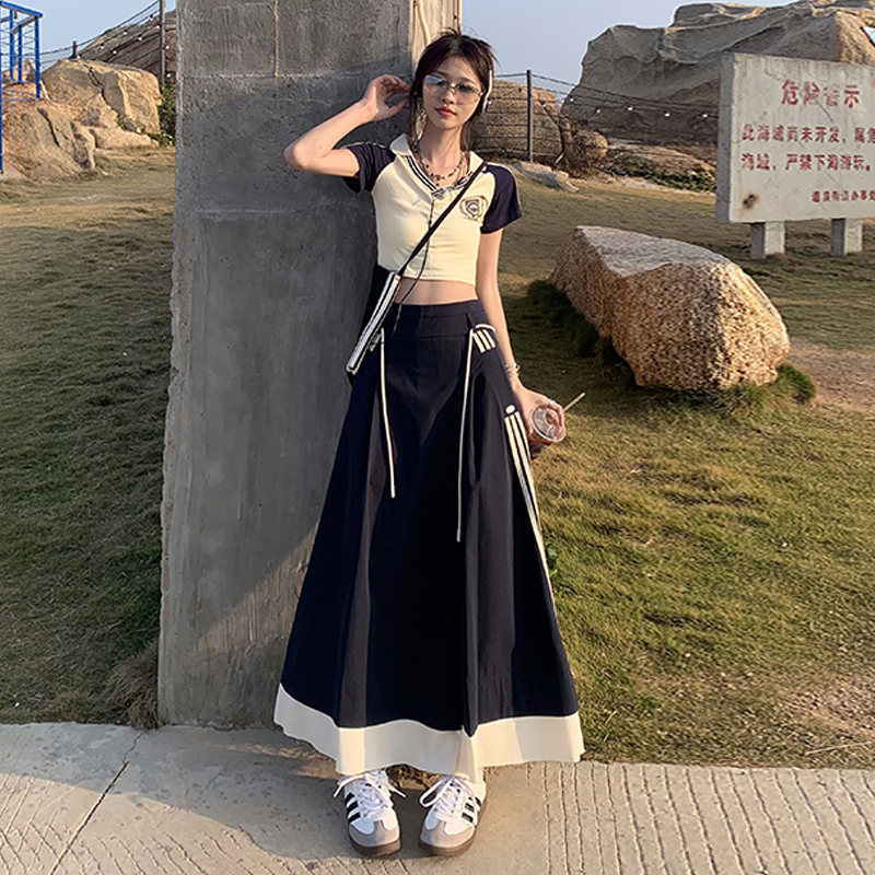實拍preppy look時尚設計感拼接半身長裙女校園風百搭減齡裙子