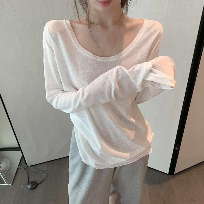 已出貨  竹節棉長袖t恤女春秋季新款防曬韓版寬鬆內搭上衣打底衫