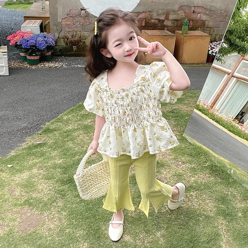 Girls Summer Suit 2024 New Children's Summer Floral Baby Doll Shirt Baby Girl Summer Fashionable Flare Pants Trendy