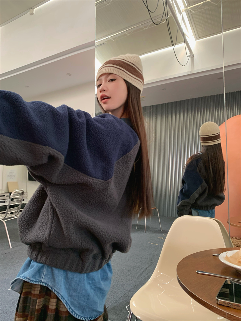 實拍 復古撞色羊羔絨圓領衛衣女插肩袖寬鬆休閒套頭短款上衣