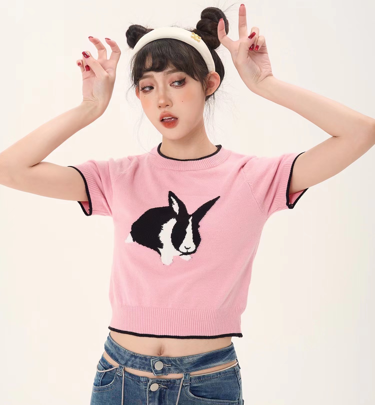 橘子醬YO美式復古小眾辣妹上衣小個子兔子圖案短款修身短袖女