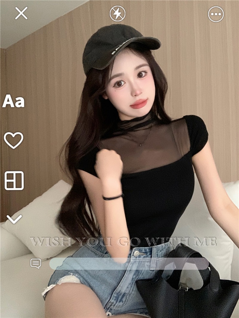 已出貨 半高領短袖T恤女夏季辣妹網紗拼接性感氣質潮ins