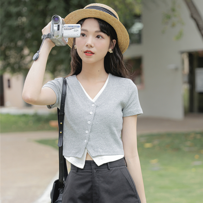 假兩件單排扣不規則T恤女百搭夏裝新款設計感小眾修身顯瘦上衣女