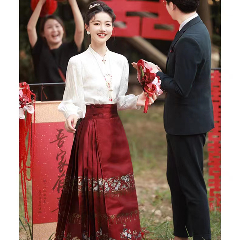 紅色漢服改良新娘敬酒服2024新款旗袍馬面裙新中式訂婚禮服新中式
