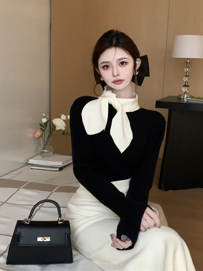 已出貨 黑色蝴蝶結拼色針織衫女甜辣妹高領修身短款毛衣上衣