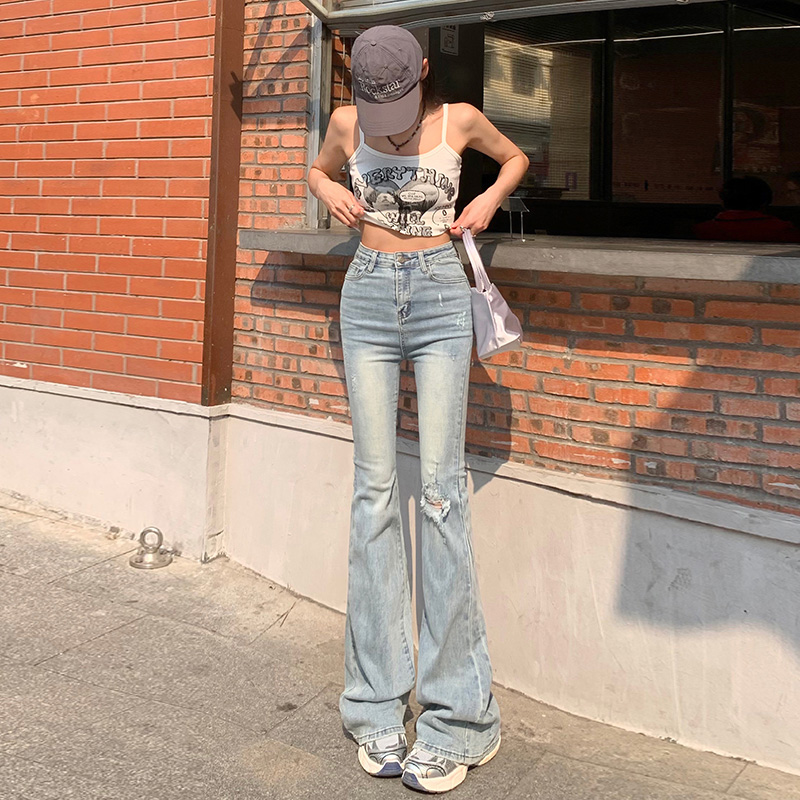 實拍復古破洞微喇牛仔褲女2024早春新款辣妹高腰顯瘦直筒馬蹄褲子