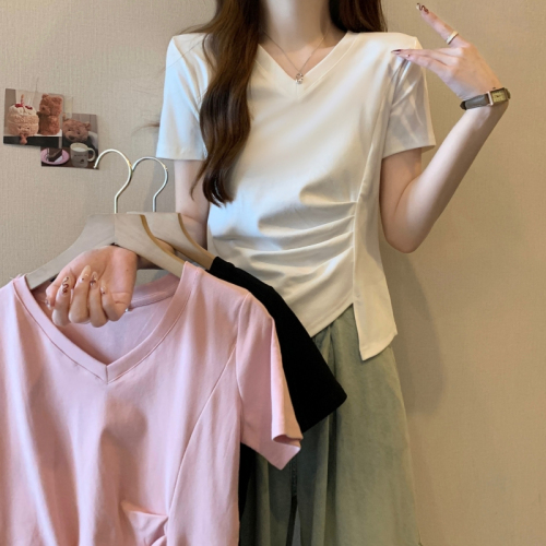 实拍  40支纯棉 2024夏装不规则褶皱收腰短袖粉色纯棉t恤