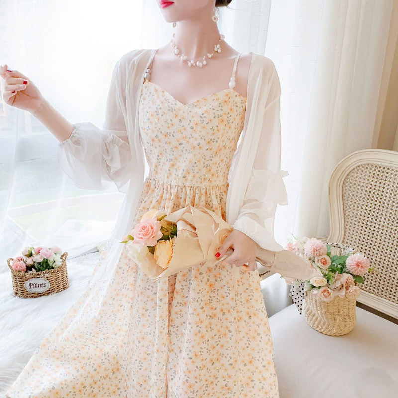 2024 New French First Love Floral Suspender Dress Sun Protection Shirt Two-piece Skirt