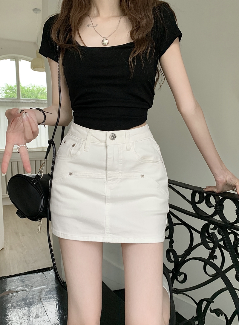 Real shot #High waist elastic denim skirt for women summer new sexy slimming A-line hip skirt