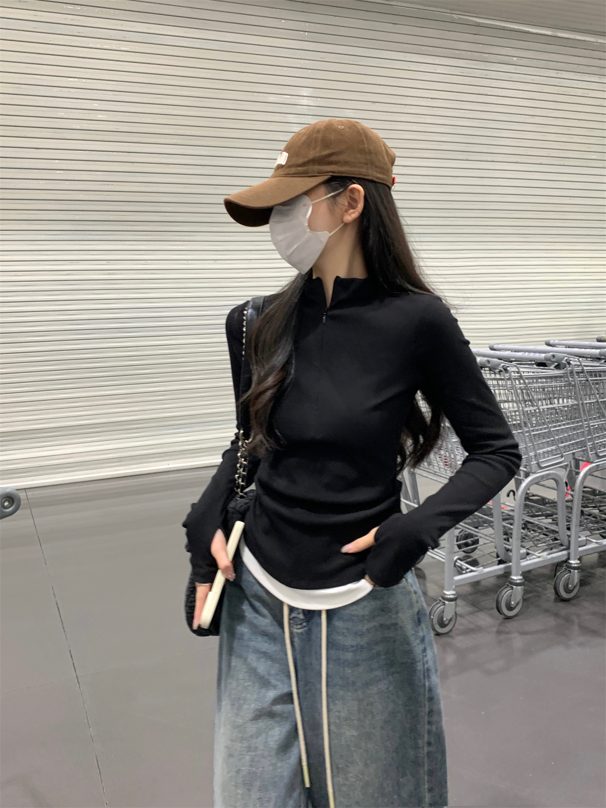 實拍 春季新款韓版撞色假兩件褶皺拉鏈設計感長袖純棉T恤上衣