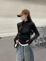 Spring New Korean Style Color Blocking Pencil Skirt Zipper Design Long Sleeve Pure Cotton T-Shirt Top