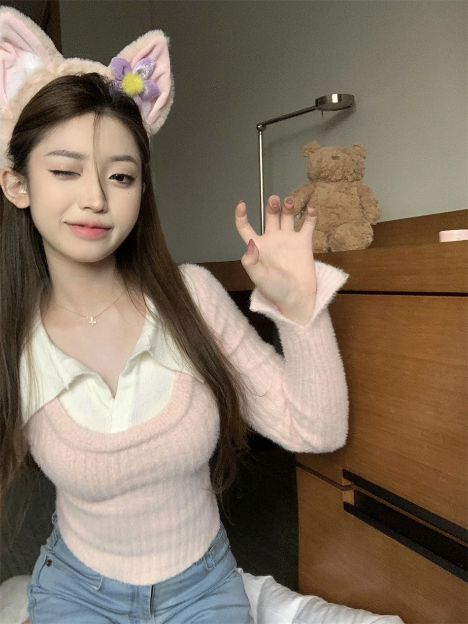 已出貨 嬌寵妮妮~秋冬設計感polo領假兩件修身短款毛衣針織衫上衣