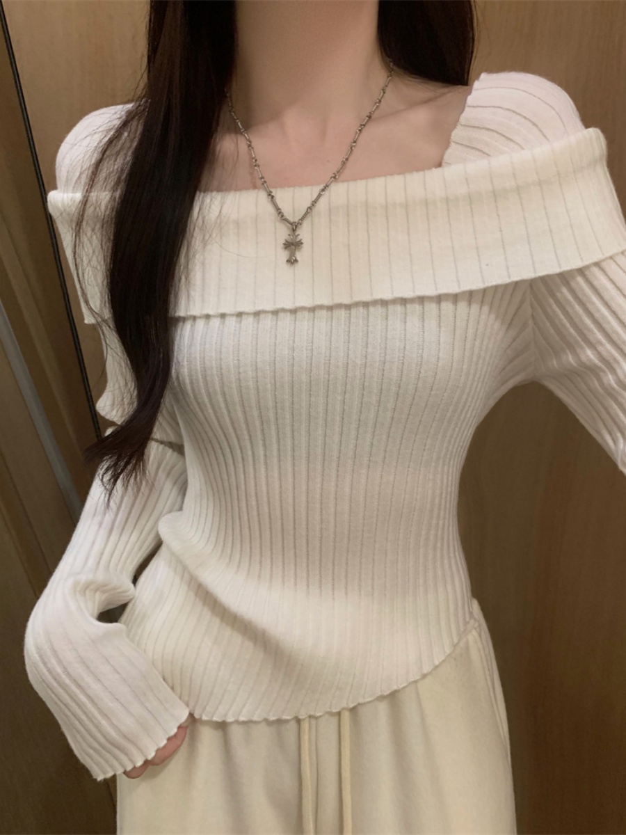一字肩不規則毛衣女2024秋冬季新款紅色修身短款打底針織衫上衣緊