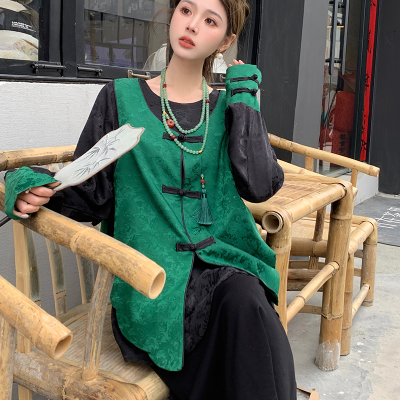 中國風大碼女裝兩件套新中式大碼襯衫不規則馬甲套裝寬鬆遮肉襯衫