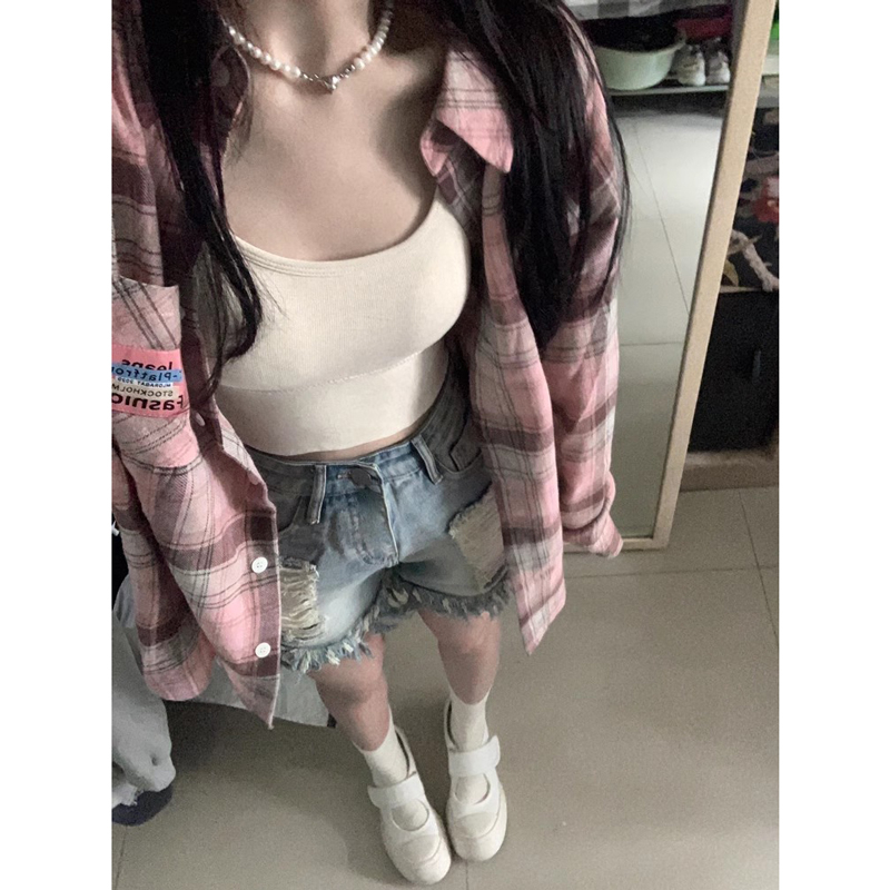 Already shipped Korean style chic pink plaid long-sleeved spring and autumn salt style retro loose casual polo collar shirt