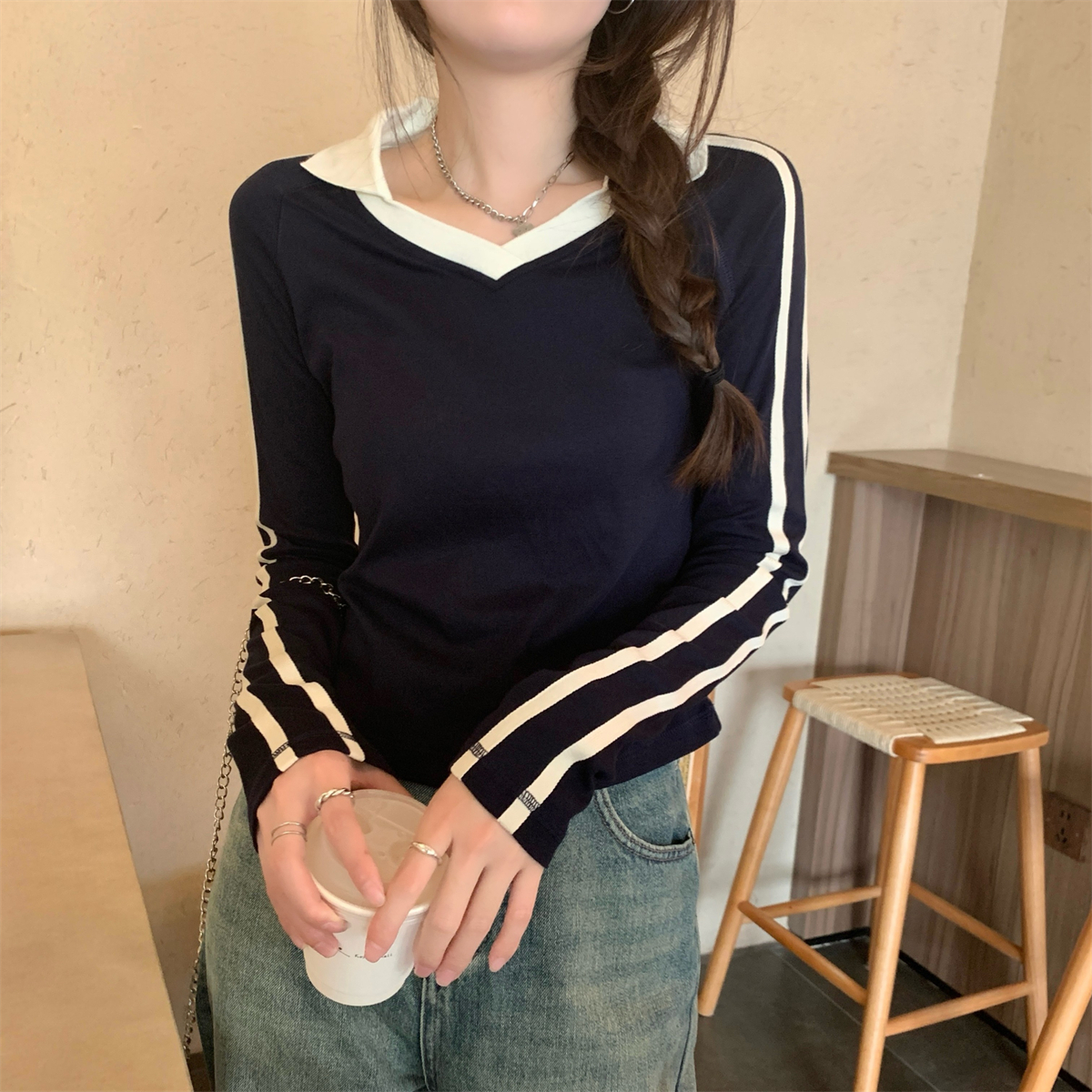 實拍 早春韓版撞色polo領插肩美式槓條設計感純棉長袖T恤上衣