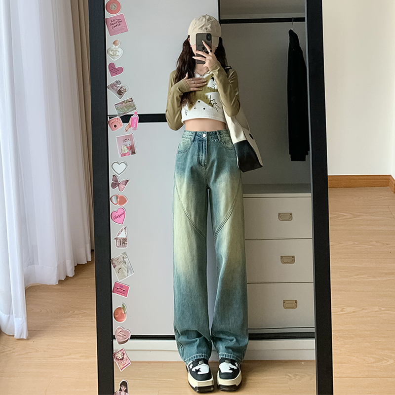 實拍 酒店風闊腿牛仔褲女秋季新款做舊垂感拖地褲長褲加長