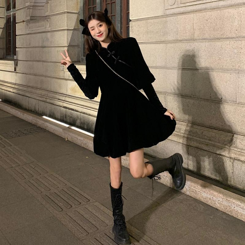 原版做工改良旗袍小禮服春季少女日常可穿赫本風聖誕紅連衣裙