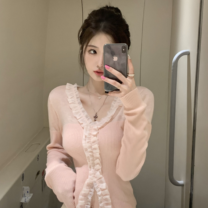 已出貨 珍妮日記 蕾絲邊上衣設計感打底衫女內搭純欲羊毛針織衫