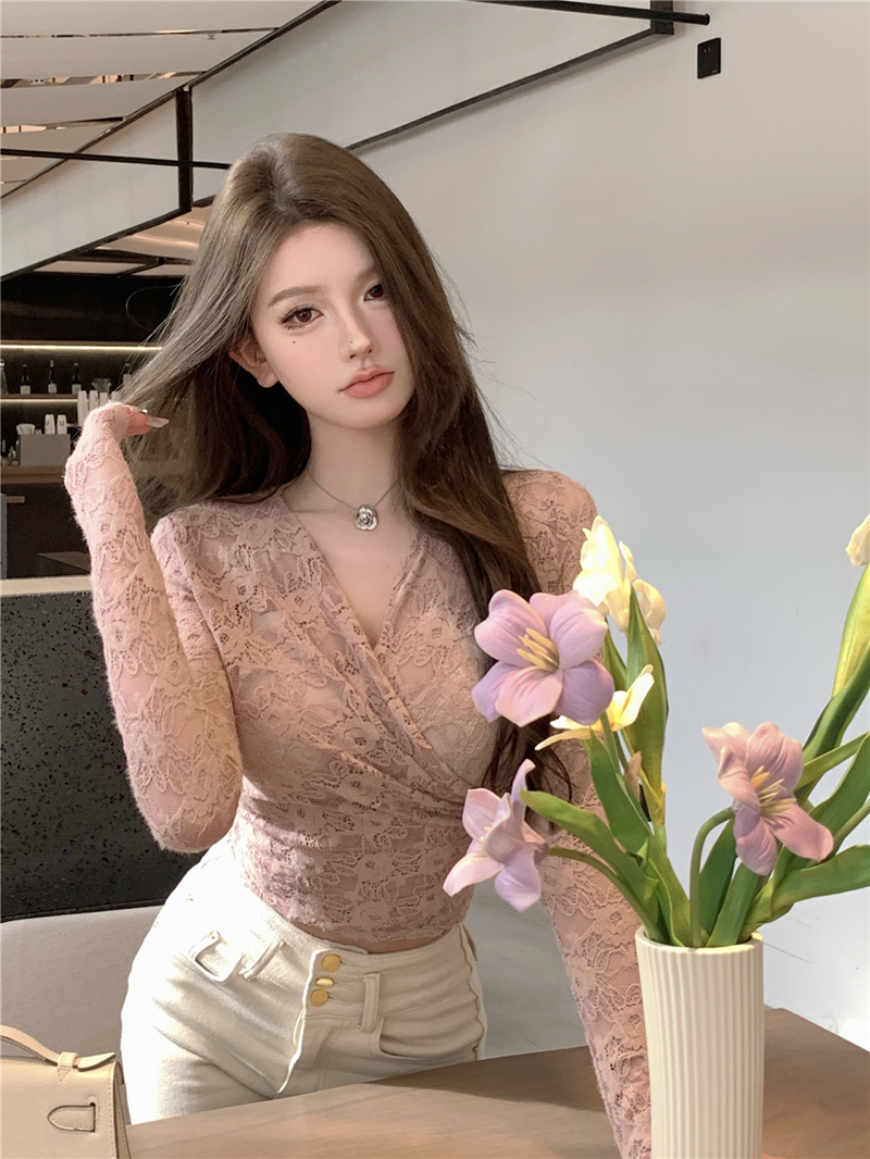實拍純欲V領性感修身顯瘦微透蕾絲衫打底上衣女