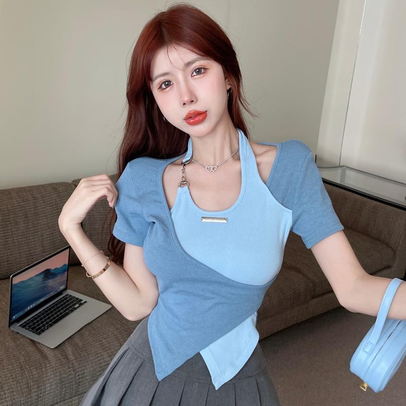 甜辣風掛脖正肩短袖T恤女夏季獨特别致交叉不規則撞色短款bm上衣
