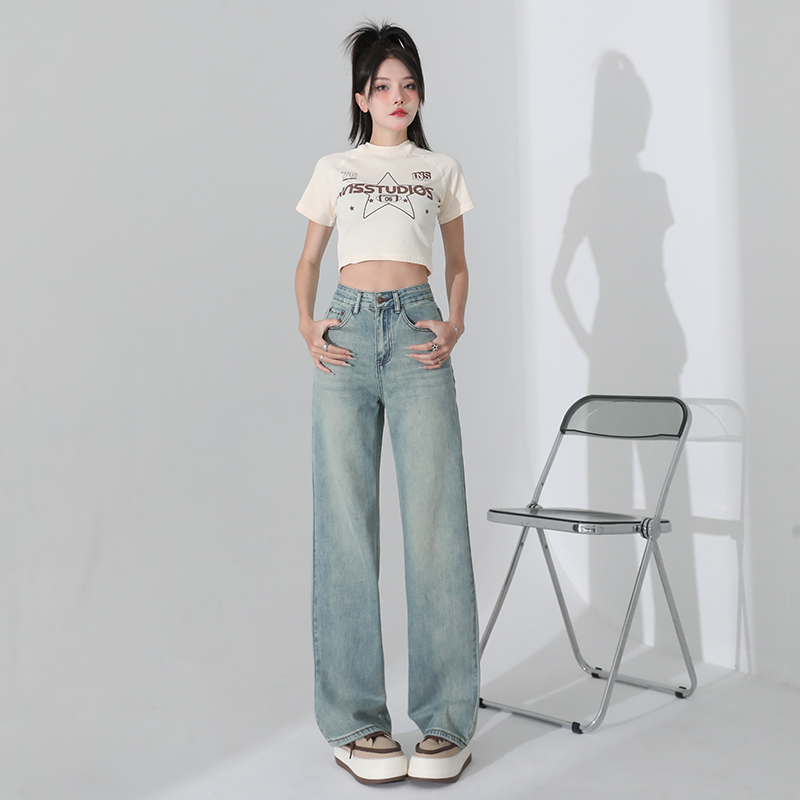 實拍2024早春闊腿牛仔褲女口袋笑臉刺繡高腰直筒拖地長褲