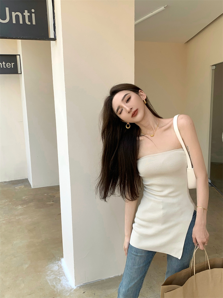 實拍 復古顯瘦抹胸開叉針織上衣
