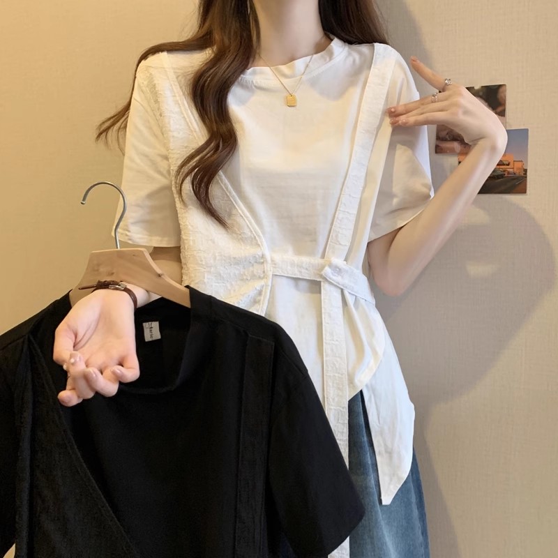 Plus size women's 2024 new summer new style covers the flesh and looks slim, loose and fat MM irregular fake two-piece tops