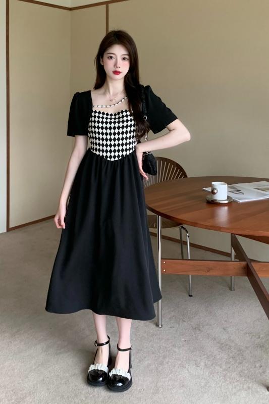 Original workmanship, large size, contrasting color dress for fat girls, women's summer waist-covering belly-slimming mid-length dress