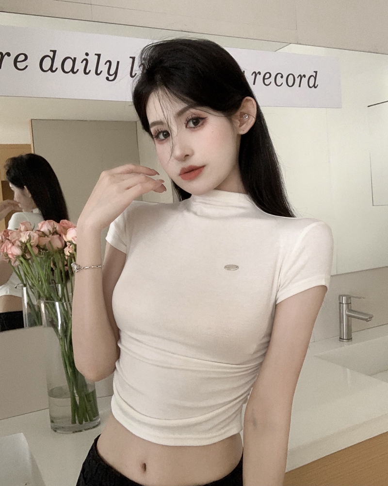 實拍夏季純欲性感辣妹風薄款小高領收腰抽褶短款露臍短袖T恤