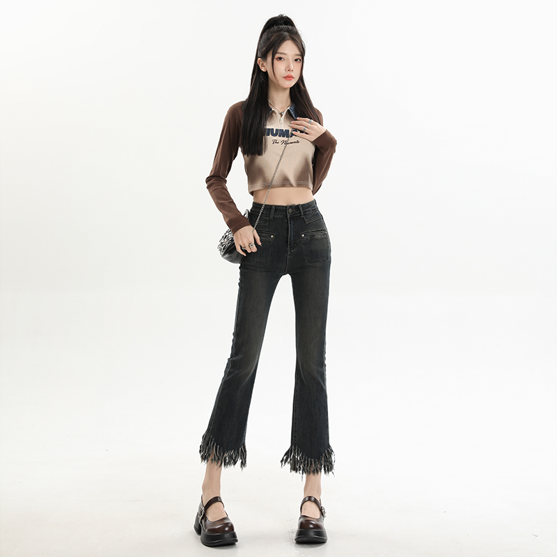 實拍2024早春九分復古牛仔褲女高腰顯瘦彈力流蘇微喇叭褲