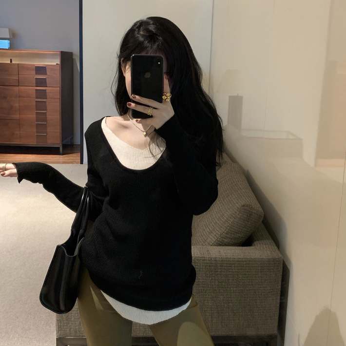 已出貨 v領不規則針織衫假兩件女休閒內搭打底毛衣別致小眾上衣