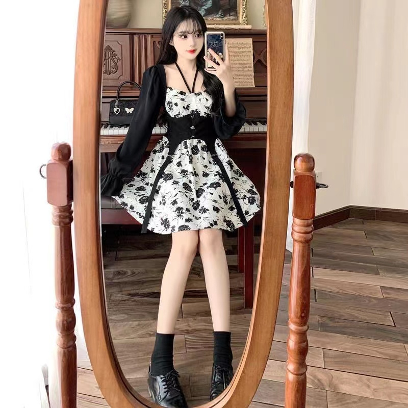 夏季韓版小眾甜美高級感黑色玫瑰印花連衣裙女收腰顯瘦減齡A字裙