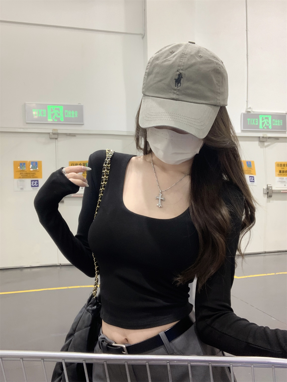 實拍 春季新款韓版純欲雙層方領修身顯瘦純色純棉長袖上衣T恤