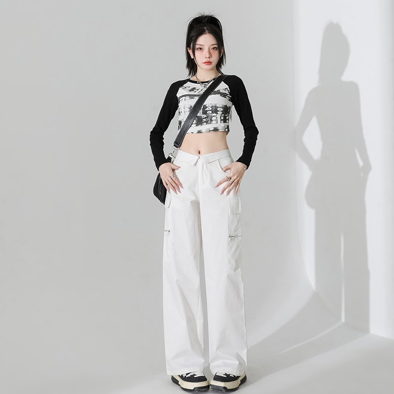 實拍2024春季新款多口袋休閒工裝褲女