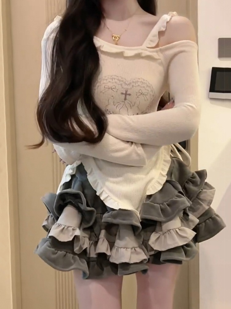 甜酷辣妹風小個子印花T恤女緊身修身不規則下擺長袖露肩上衣