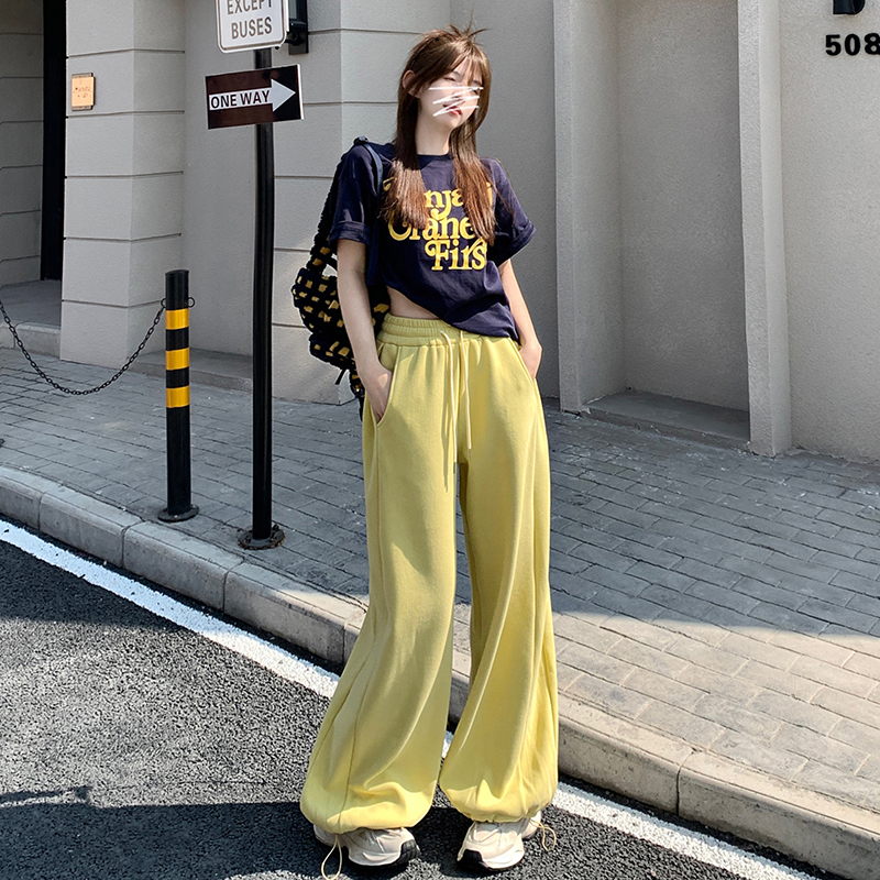 實拍2024早春寬鬆闊腿褲高腰抽繩束腳運動褲休閒褲女