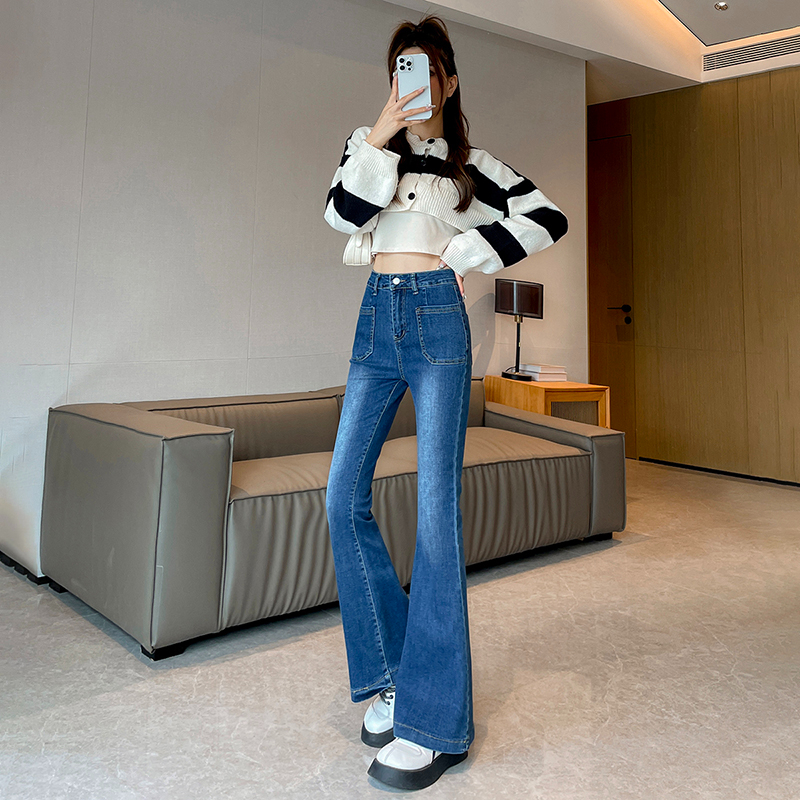 實拍2024早春喇叭牛仔褲女高腰顯瘦復古水洗白設計感拖地褲子