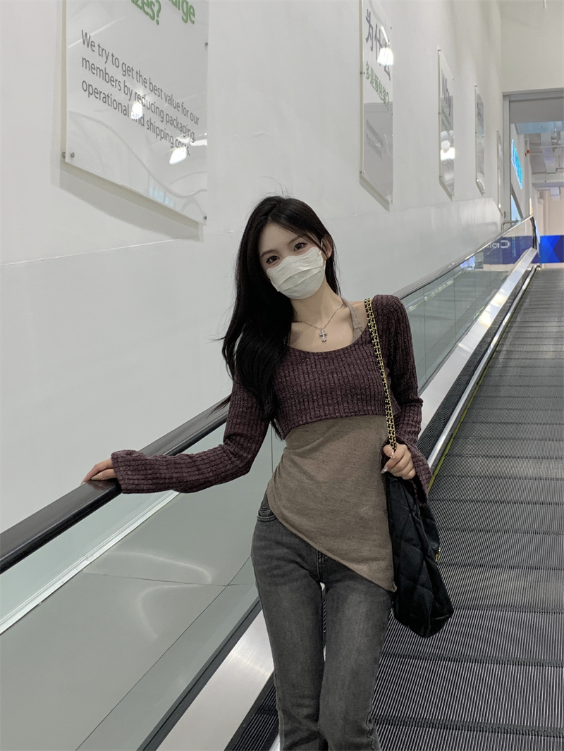 已出貨 設計感兩件套女不規則背心打底百搭長袖罩衫新款甜辣套裝