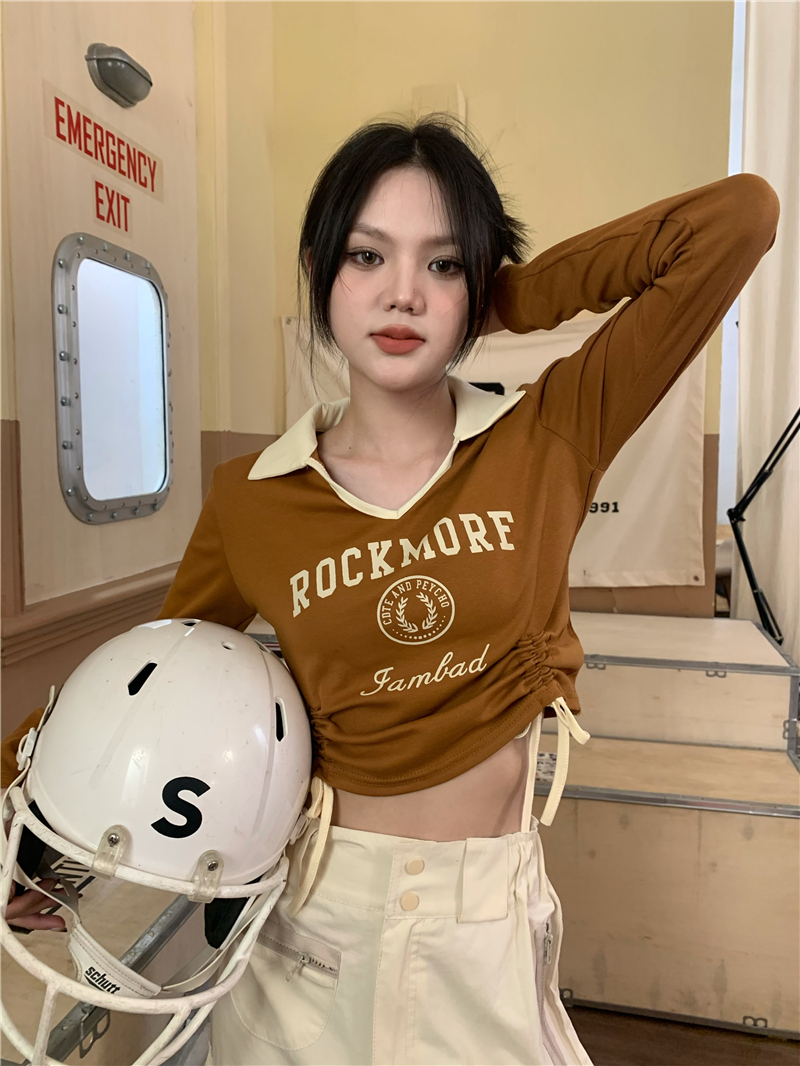 實拍 美式復古設計感抽繩polo長袖上衣