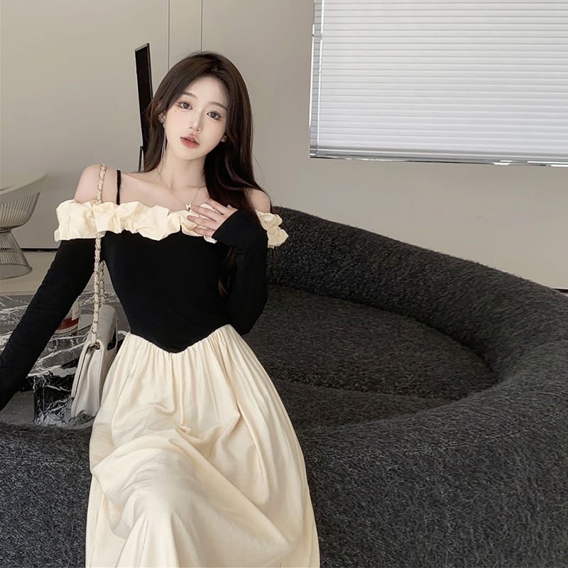 一字領拼接撞色吊帶連衣裙女春季新款法式高級感修身收腰氣質長裙