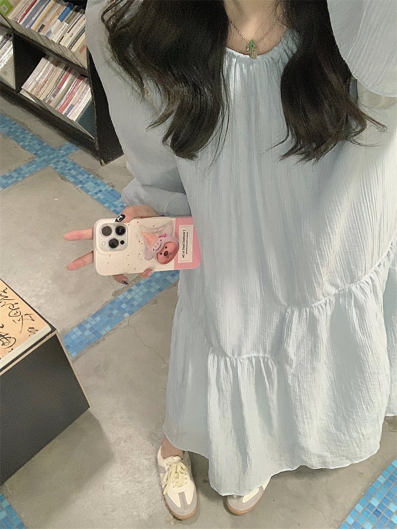 實拍#法式慵懶風不規則拼接長袖連衣裙寬鬆顯瘦冰川藍長裙女
