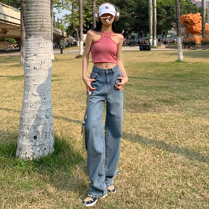 實拍達人港風闊腿牛仔褲女秋裝2024年春季新款直筒寬鬆高腰拖地褲