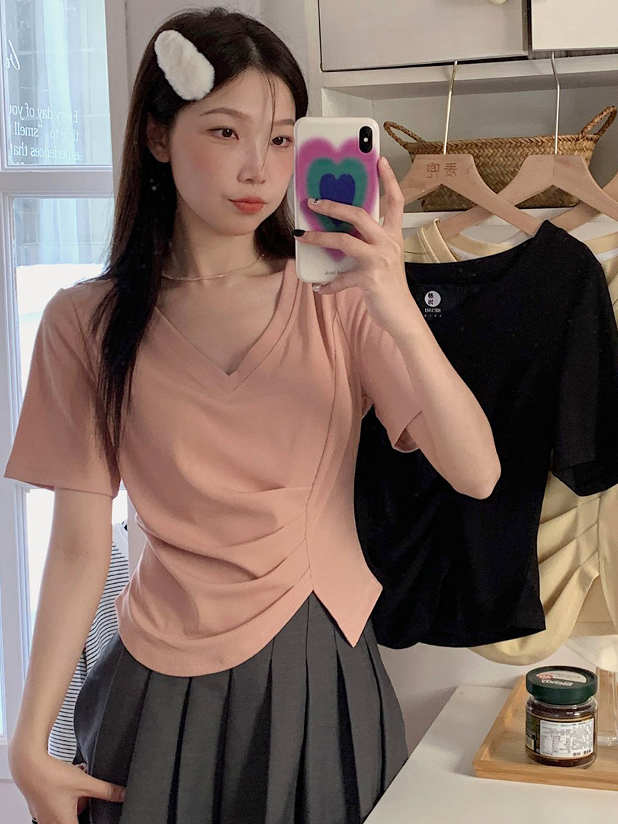 正肩短袖t恤女設計感小眾夏季年新款不規則短款上衣
