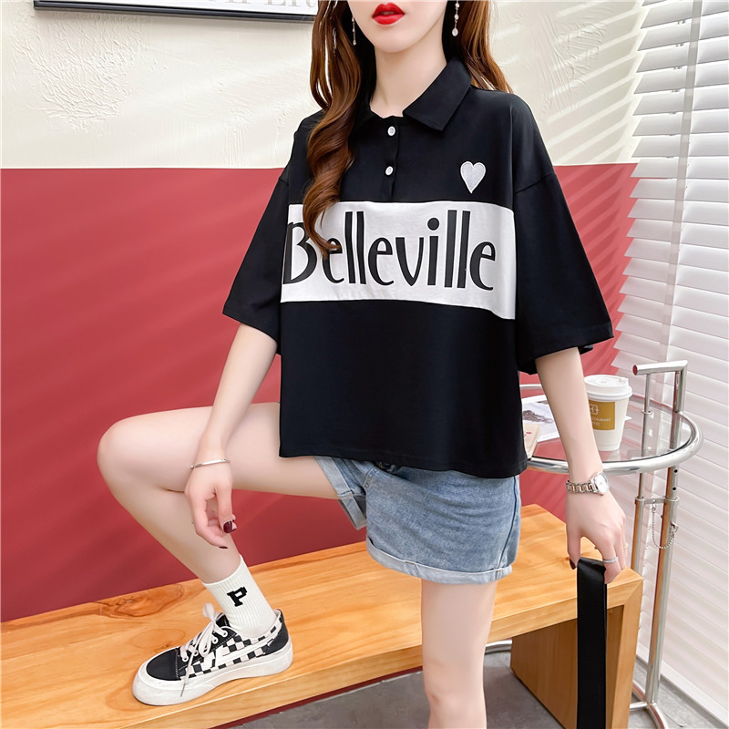 實拍6535棉夏季新款拼接插色polo領短款小個子短袖T恤女